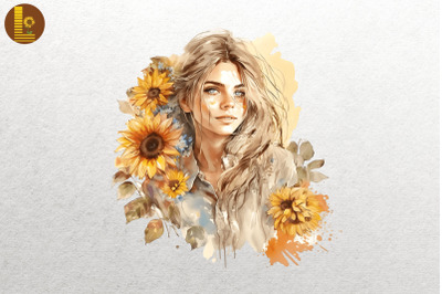 Girl With Sunflowers Watercolor 15
