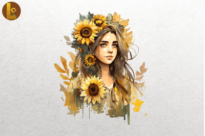 Girl With Sunflowers Watercolor 16
