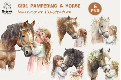 Girl Pampering a Horse Watercolor Illustration