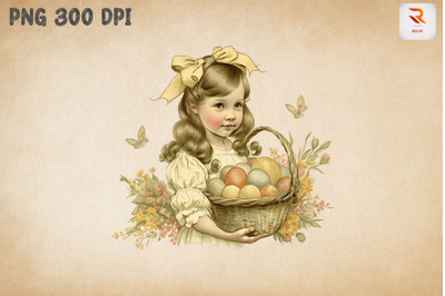 Retro Girl With Easter Eggs Basket