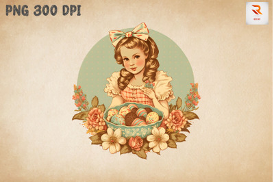 Retro Girl With Easter Eggs Basket 4
