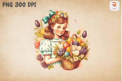 Retro Girl With Easter Eggs Basket 6