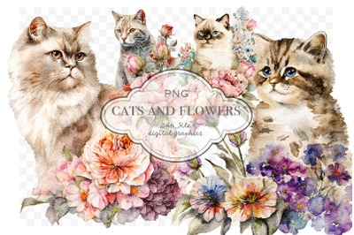 Cute cats with flowers clipart