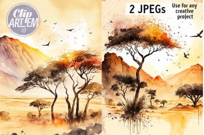 Watercolor Beautiful African Safari landscape, 2 JPEG Wall Art Images