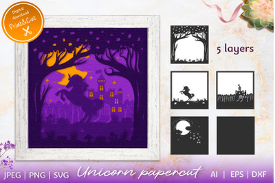 3D Papercut Unicorn Scene with castle | Layered Template