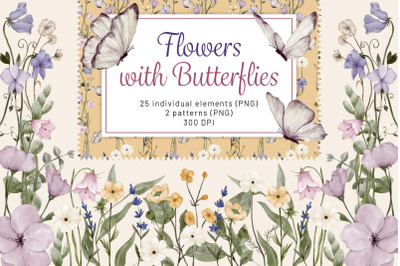 Wildflowers Butterfly Watercolor Clipart. Summer Floral Seamless Patte