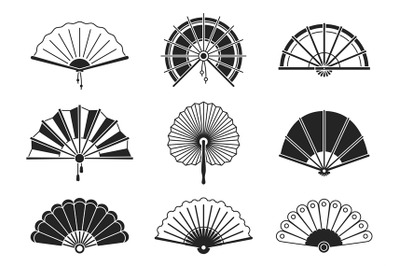 Black silhouettes of chinese&2C; japanese paper folding hand fans