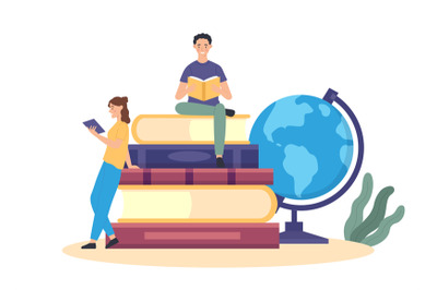 Education concept, student sitting in pile on book and globe