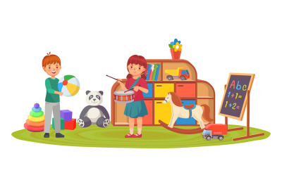 Kids in playing room with toys and musical instrument