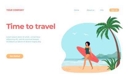 Travel concept landing web page, girl with surfboard