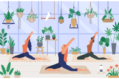 Womans relax yoga and meditation in botanist greenhouse