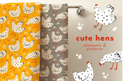 Cute hens elements and seamless patterns Jpeg Png