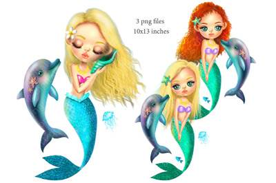 Mermaids sublimation design, mermaid with dolphin png print