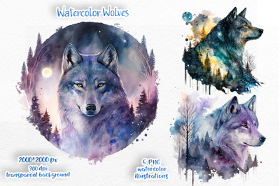 Watercolor Wolves clipart, celestial wolf PNG