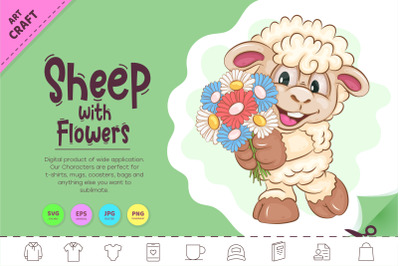 Cartoon Sheep with Flowers. Clipart.