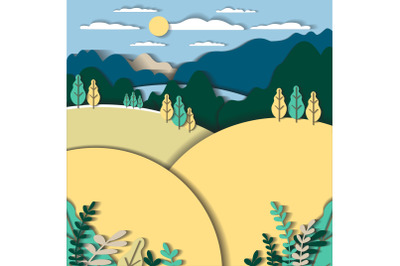 3d vector paper cut landscape with mountains, hills, field, tree, fore