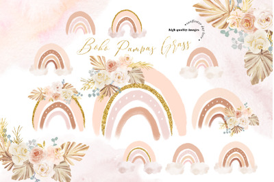Boho rainbow Pampas Grass Clipart, Elegant Pink Flowers