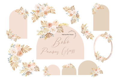 Modern Frame Boho Pampas Grass Clipart, Elegant Pink Flowers