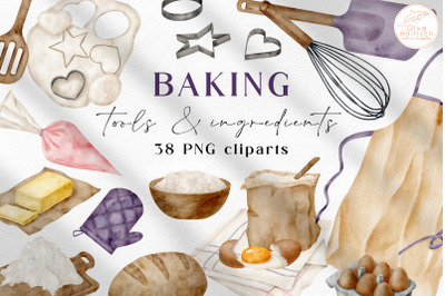 Watercolor Baking Tools Clipart. Cooking Utensils, Ingredients PNG