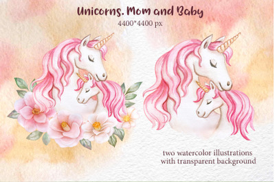 Unicorns. Mom and baby. Watercolor