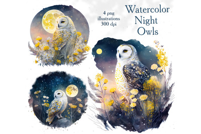 Celestial Owl and Moon Watercolor Clipart