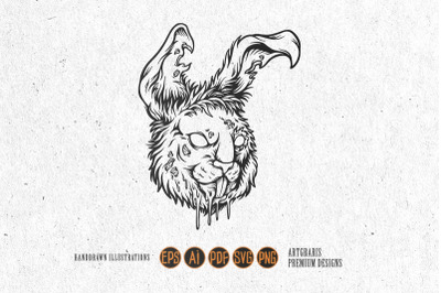 Creepy rabbit zombie monster head logo illustrations monochrome