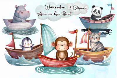 Cute Animal On Boat Watercolor Cliparts