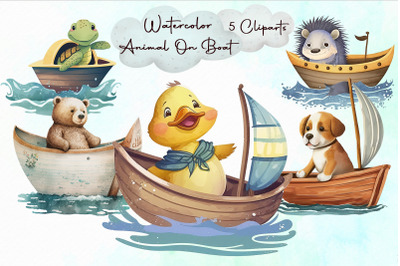 Watercolor Cute Animal On Boat Cliparts