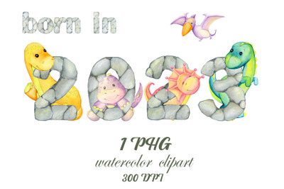 dinosaur baby .Born in 2023, watercolor dino clipart, transparent png,