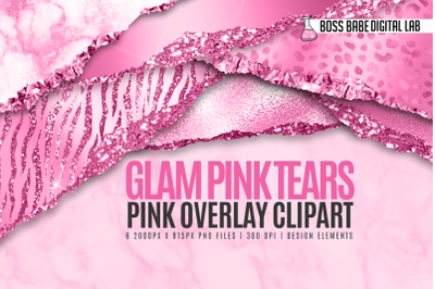 Glam Pink Tears Clipart, Glitter Pink Tear Borders Clipart