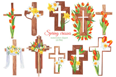Spring floral cross watercolor clipart, Religious Easter clipart