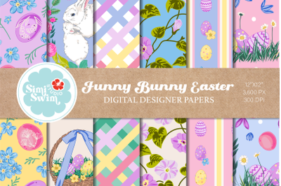 Funny Bunny Easter Digital Papers,Spring Seamless Pattern, Cute Bunny