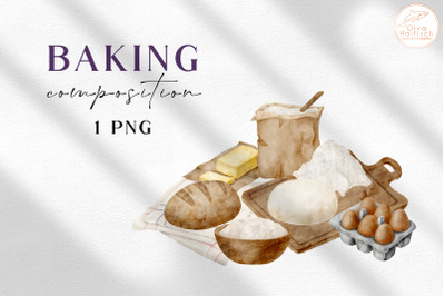 Watercolor Baking Ingredients Clipart. Cooking Pastry PNG Composition