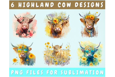 Highland Cow Sublimation Designs Bundle, 6 Designs, Highland PNG Files