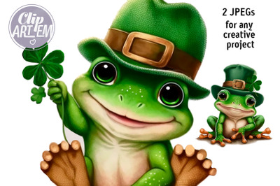 Cute Saint Patrick Frog Watercolor Decor Images Set  2 JPEG Files