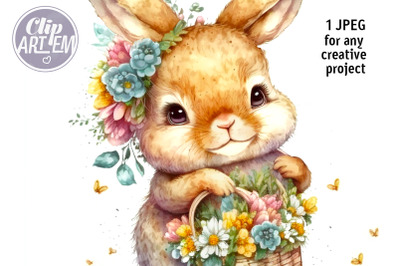 Bunny with Basket Full of Flowers Watercolor Clip Art JPEG Image