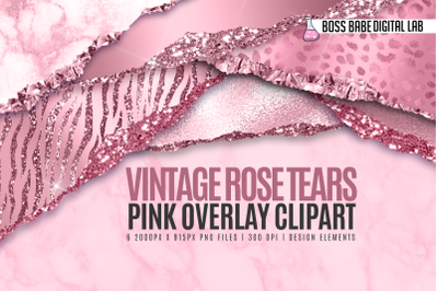 Glam Vintage Rose Tears Clipart, Pink Tears