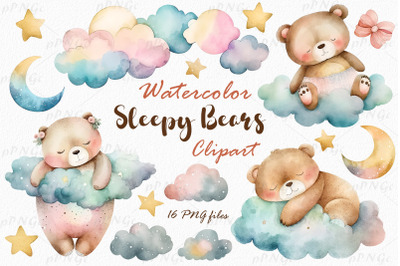 Watercolor cute sleepy bears