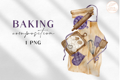 Watercolor Cooking Apron Clipart. Baking Tools PNG Composition