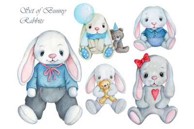 Set of watercolor bunny rabbits, hand painted illustrations.