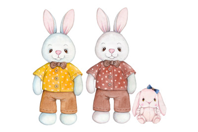 Two cute cartoon Bunny Rabbits, standing front position with toy.