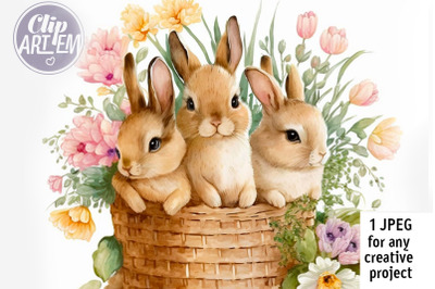 Cute Bunnies Rabbits in a basket full of flowers Easter picture 1 JPEG