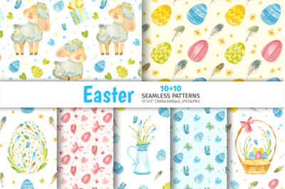 Easter seamless patterns with cute sheep and Easter decor.