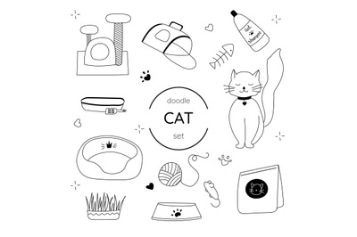 Set of goods for cats in the style of doodle