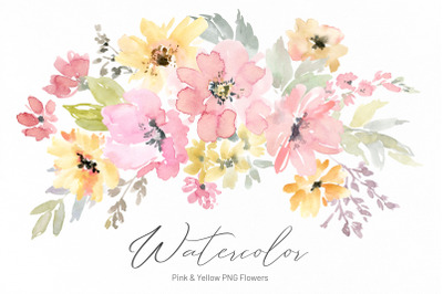 Pink Blush Yellow Watercolor Flowers