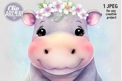 Charming Girl Hippo Digital Print Wall Art JPEG Decor Image