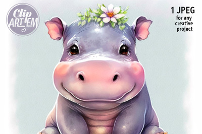 Smiling Baby Girl Hippo with One Flower Digital Wall Art JPEG Image