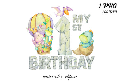 first birthday. Dinosaur watercolor clipart. 1st birthday Dino, print,