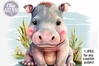 Calm Nursery Boy Hippo Digital Art for Kids Decor JPEG image