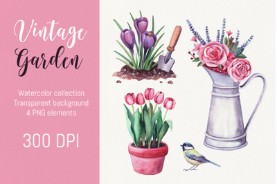 Watercolor garden set. Vintage illustration for sublimation.